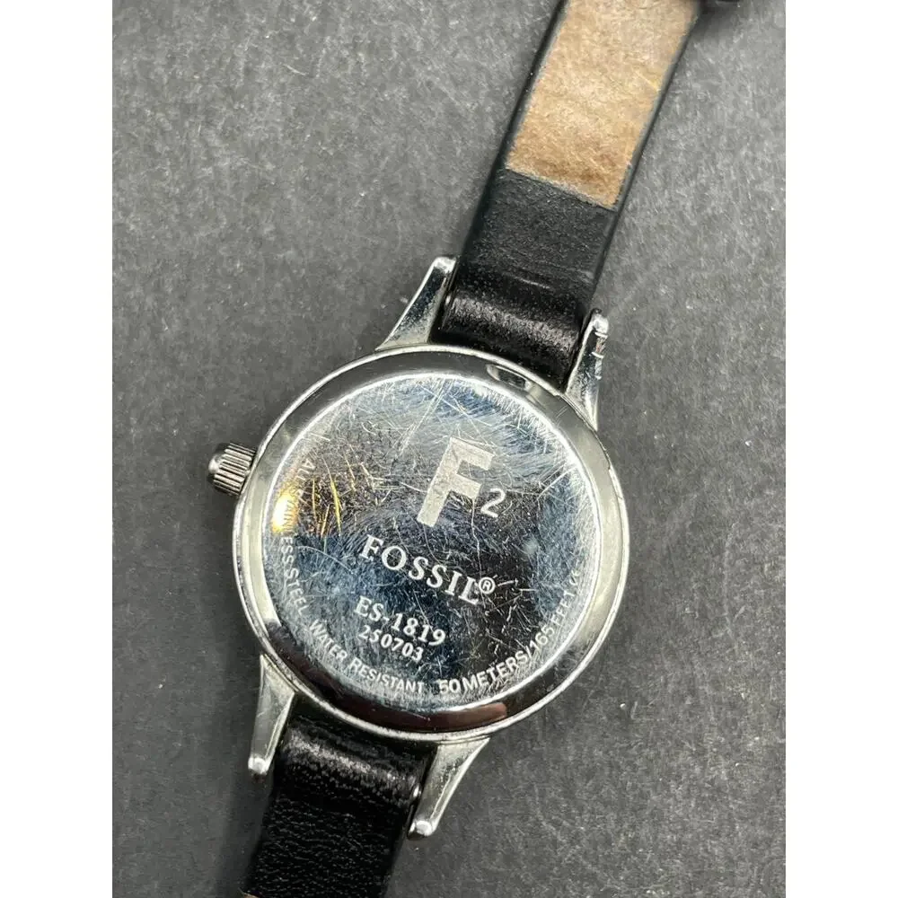 Fossil Quartz Watch ES-1819 50m Silver Tone Stainless Steel Black Leather Band
